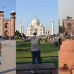 Travelers visiting Agra Fort Taj Mahal and Humayun’s Tomb during a Golden Triangle shore excursion in India
